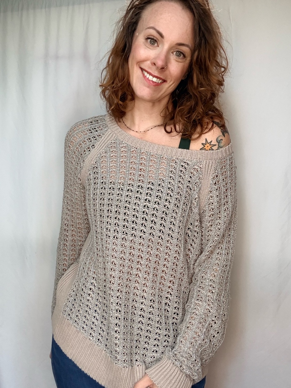 LOFT Light Gray Open-Weave Crewneck Sweater